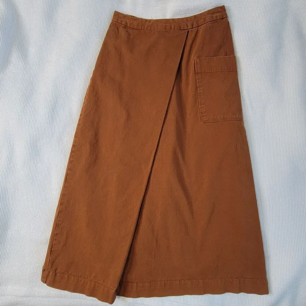 MUJI Brown Asymmetrical Pleat Midi Skirt Size S Cotton Pockets Chore Pocket Zip - Picture 4 of 9